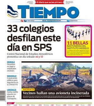 Portada impresa martes 15 de septiembre 2015 TIEMPO  | Noticias  de última hora y sucesos de Honduras. Deportes, Ciencia y Entretenimiento  en general.