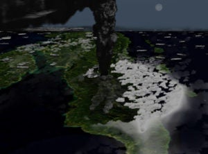 Imagen que muestra cómo se habría visto la erupción del Toba desde el espacio.