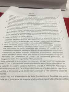 Documento realizado por la Mesa de Unidad Patriótica contra la reelección