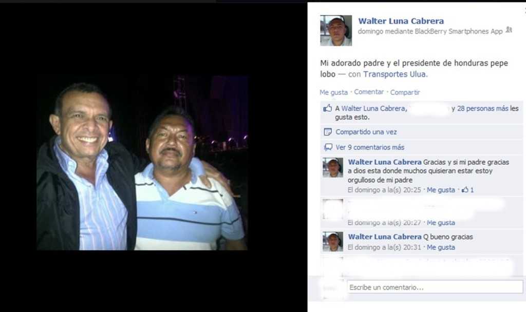Extracto de publicación en Facebook del hijo de José Natividad Luna Pereira, “Chepe Luna”, junto con el expresidente Lobo. Foto: InSight Crime.