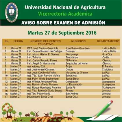 Universidad Nacional de Agricultura convoca examen de admisión