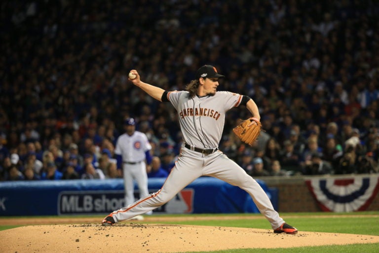 San Francisco Giants starting pitcher Jeff Samardzija (29) pitches against the Chicago Cubs in the first inning of Game 2 of a National League Division Series at Wrigley Field on Saturday, Oct. 8, 2016. (Armando Sanchez/Chicago Tribune)