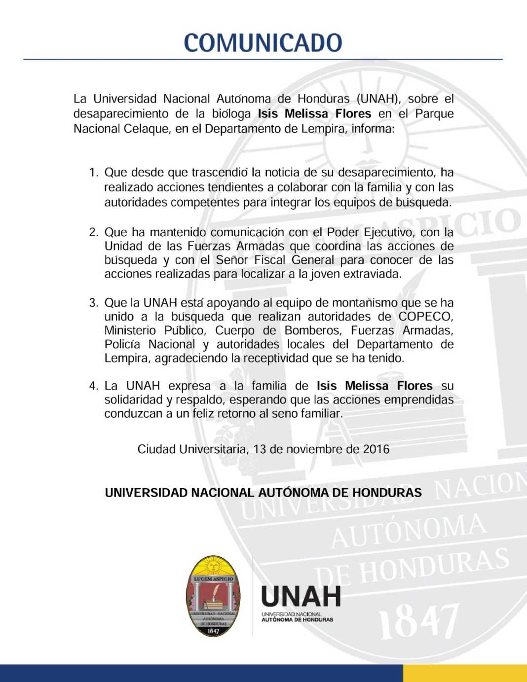 UNAH emite comunicado por desaparecimiento de Bióloga hondureña