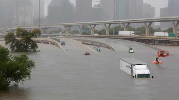 Submerged freeways from the effects of Hurricane Harvey are seen during widespread flooding in Houston