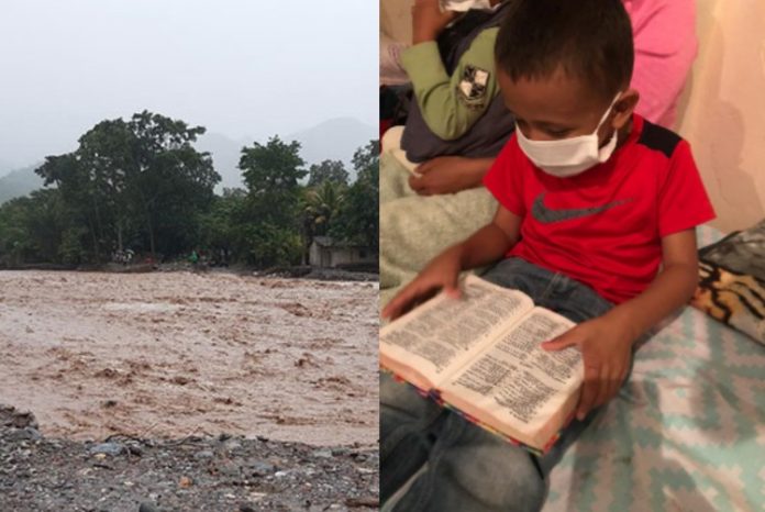 Niño lee la biblia en albergue Niño lee la biblia en albergue