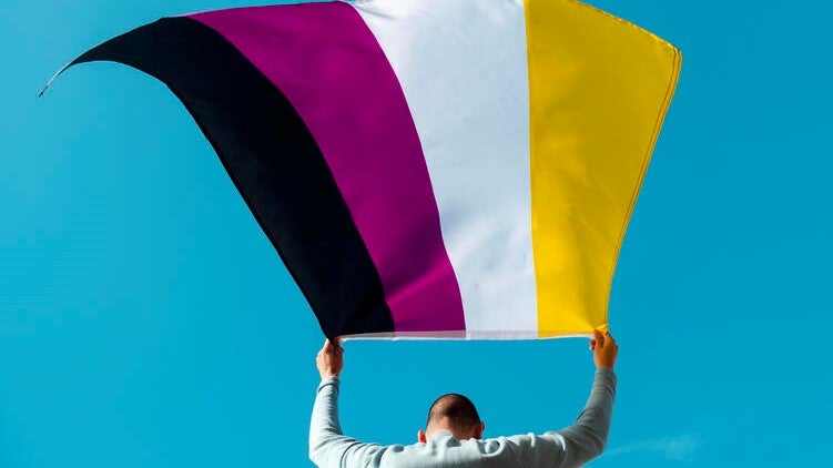 person waving a non-binary pride flag