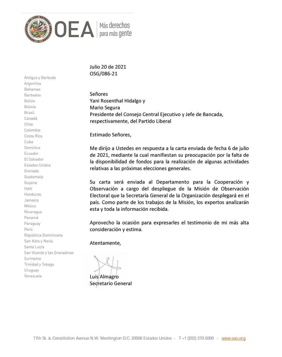 Respuesta de la OEA al Partido Liberal de Honduras.