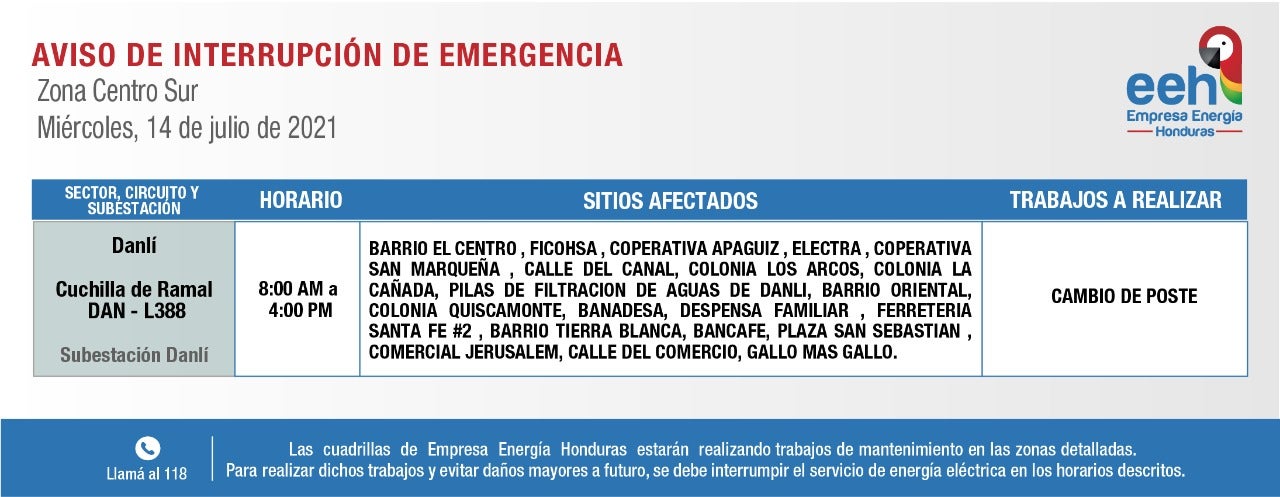 Cortes de energía miércoles en Honduras