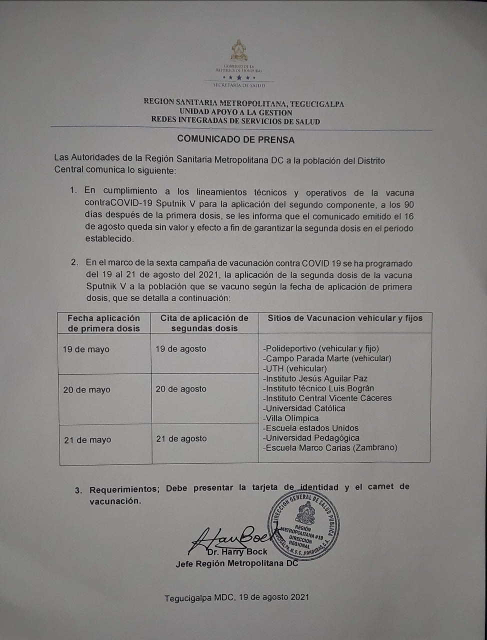 Comunicado emitido por la Región Metropolitana de Salud del Distrito Central.