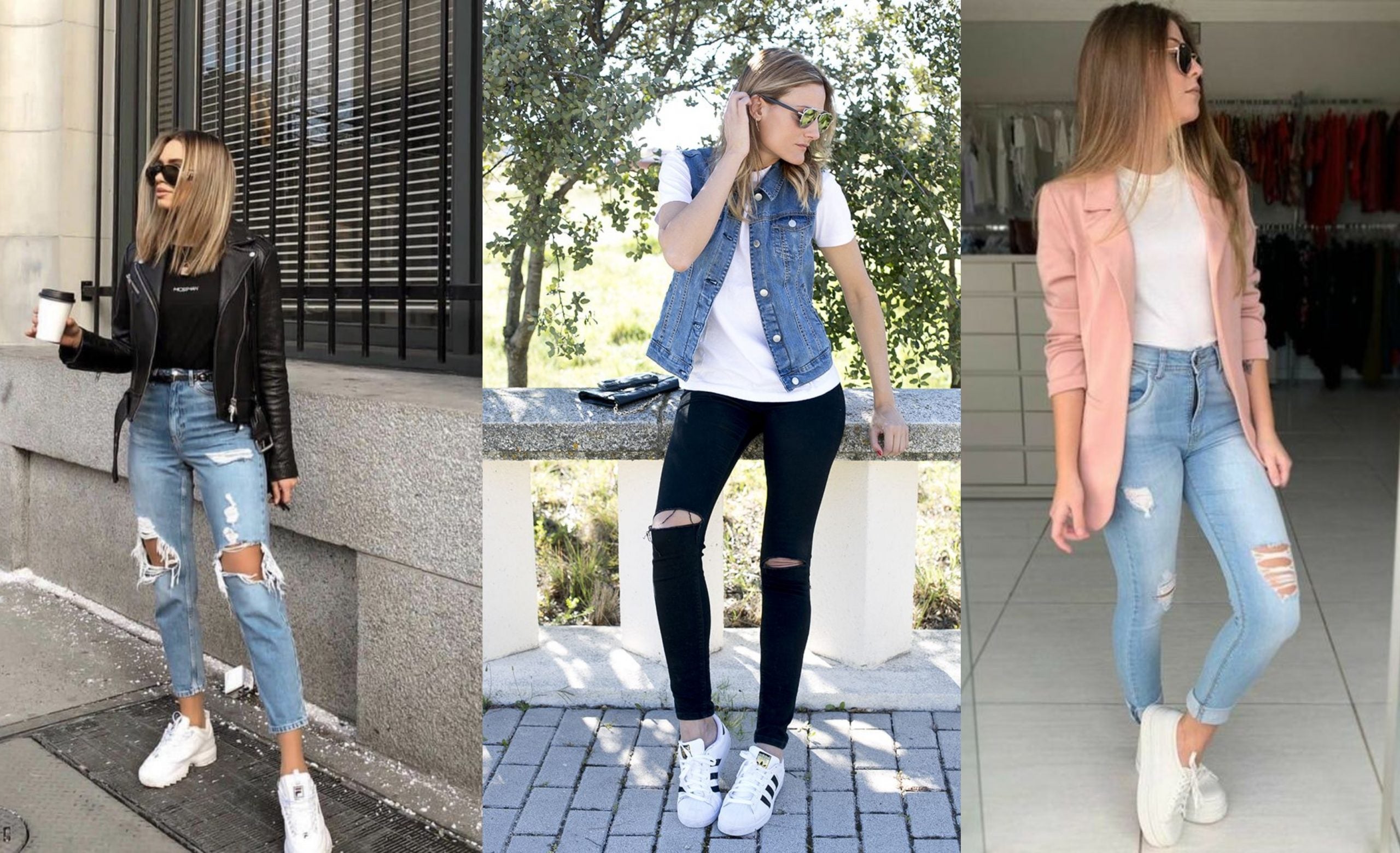 Cómo llevar looks elegantes con jeans rotos y tenis