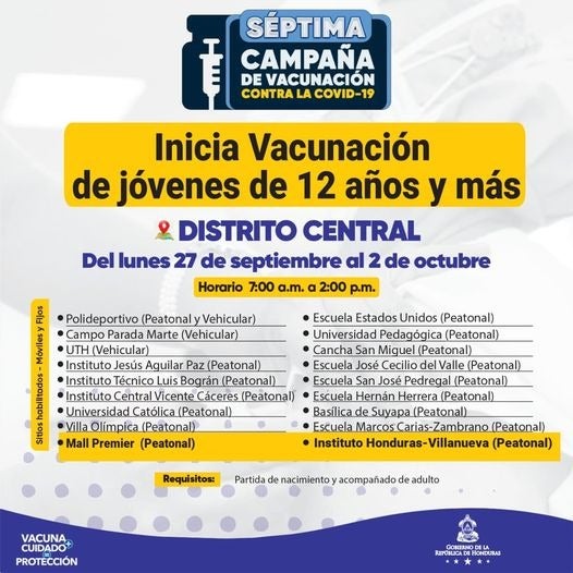 Calendario vacunación en el Distrito Central.