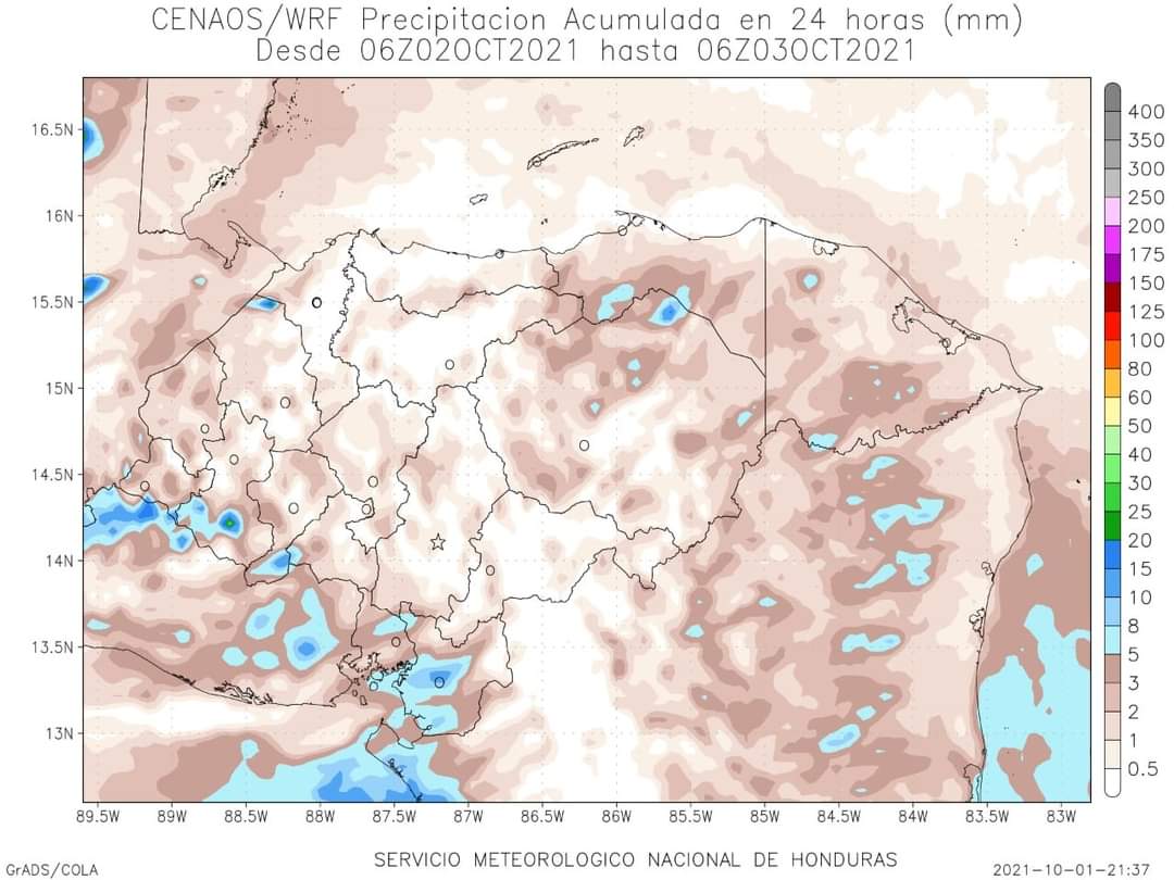 Mapa de probabilidad de lluvias publicado por CENAOS.