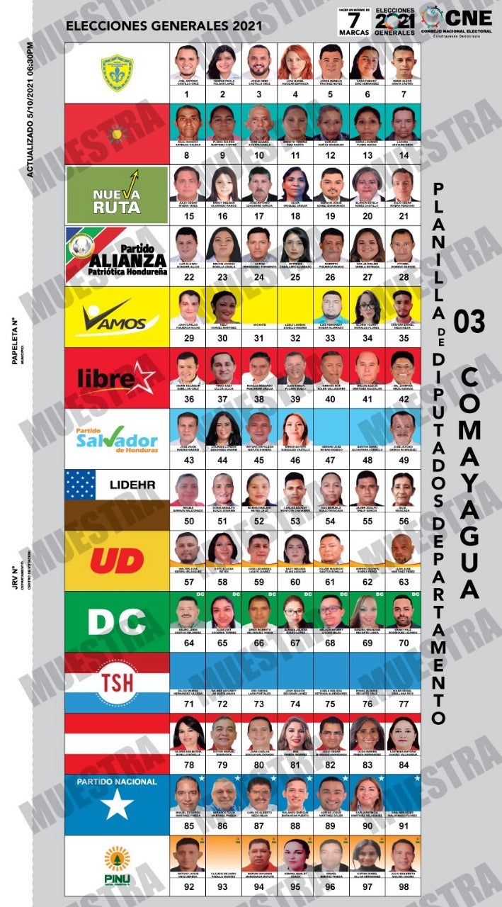 Papeleta de diputados de Comayagua, fuente CNE.