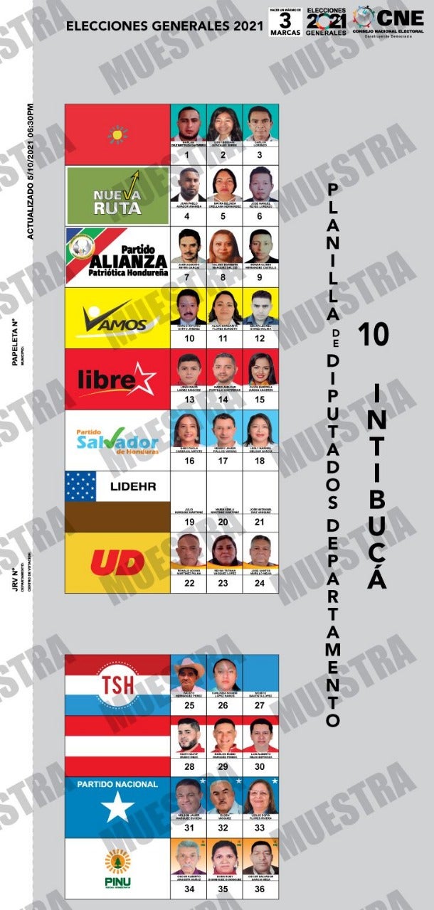 Muestra de papeleta de diputados de Intibucá, fuente CNE.