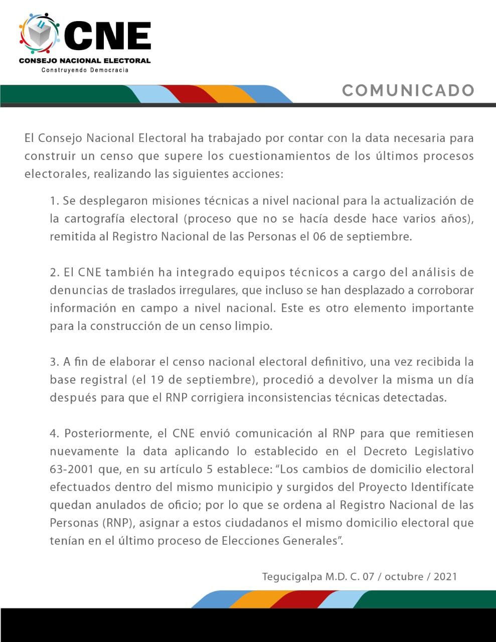 El CNE publicó un comunicado sobre el desarrollo del censo electoral.