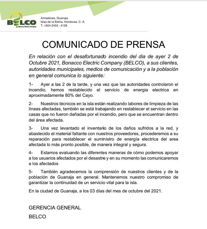 Comunicado de la empresa encargada de distribuir energía eléctrica en Guanaja.
