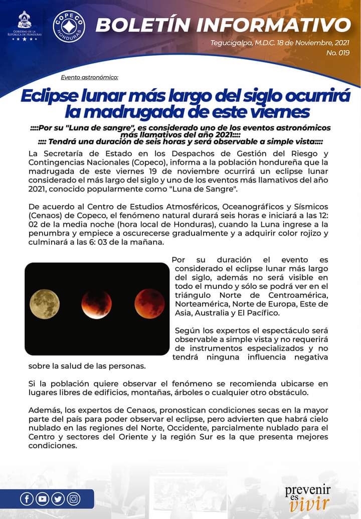 COPECO eclipse lunar Honduras 