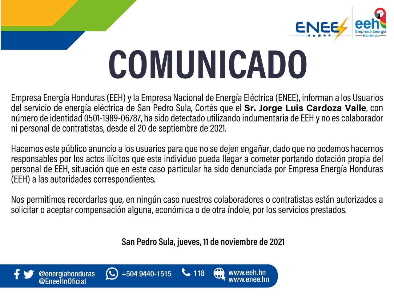 Comunicado integro de EEH y ENEE.