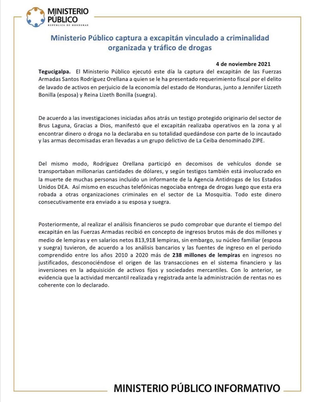 Comunicado del Ministerio Público sobre la detención de Santos Orellana.