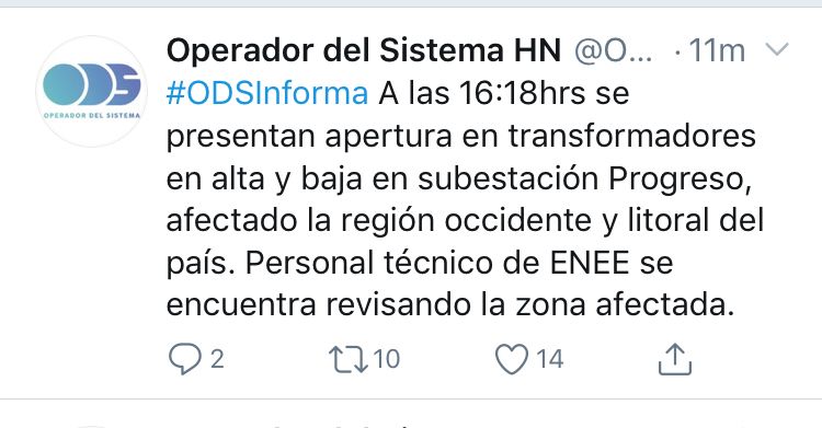 Reporte oficial retuiteado por la Empresa Energía Honduras (EEH).