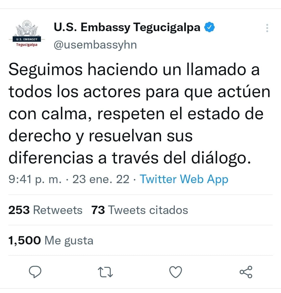 Embajada de EE.UU llama a dialogar