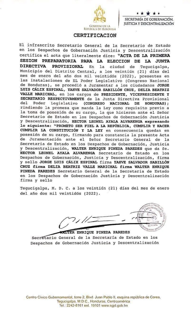 Certificación de la Secretaría de Gobernación y Justicia.