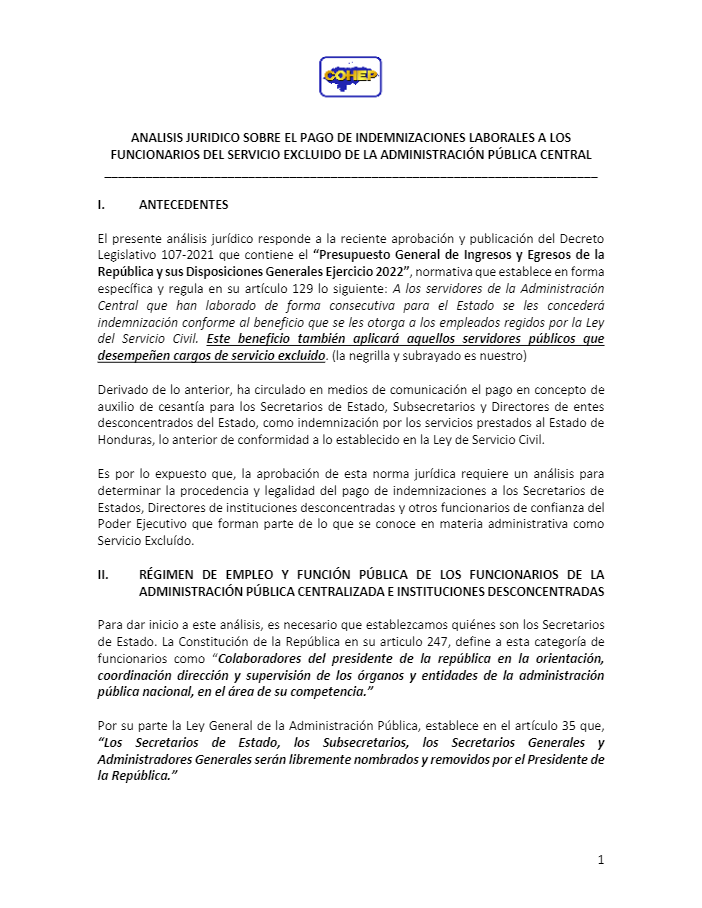 Documento de análisis jurídico del COHEP.