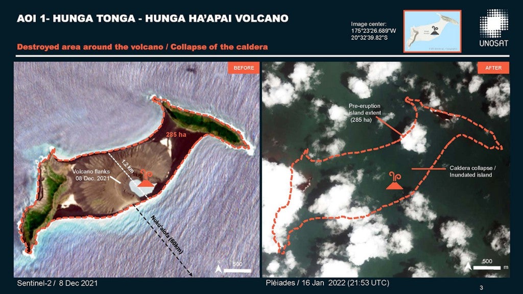 Vista aérea del volcán: comparación del 8 de diciembre de 2021 y el 16 de enero de 2022.