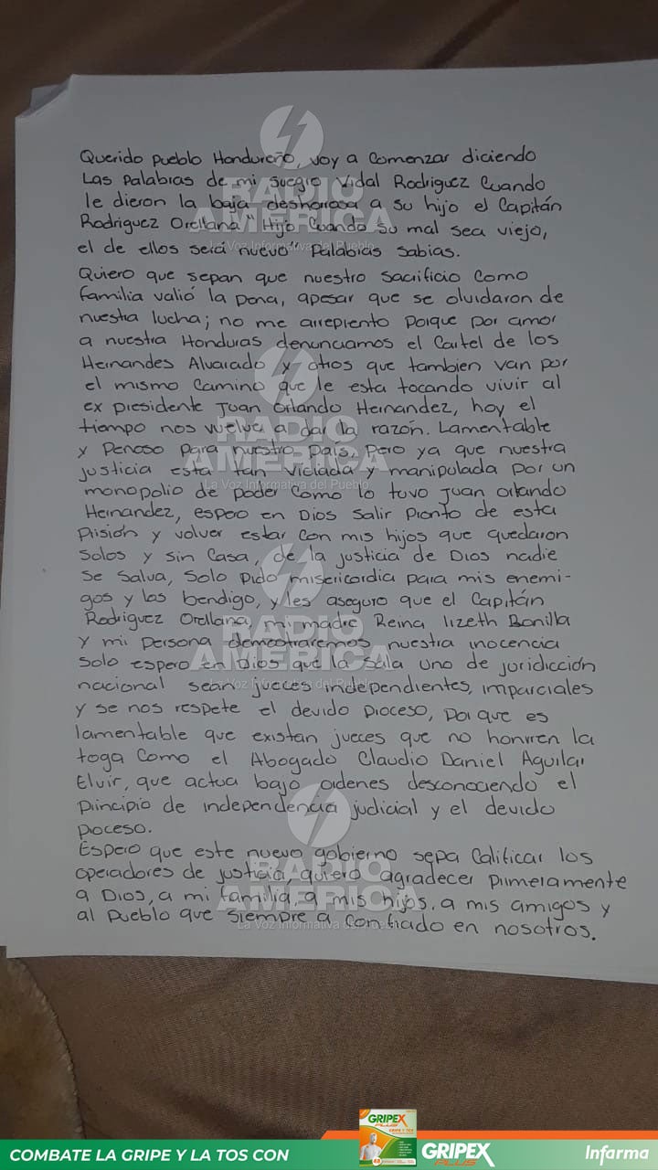 Carta enviada por la esposa de Santos Orellana.
