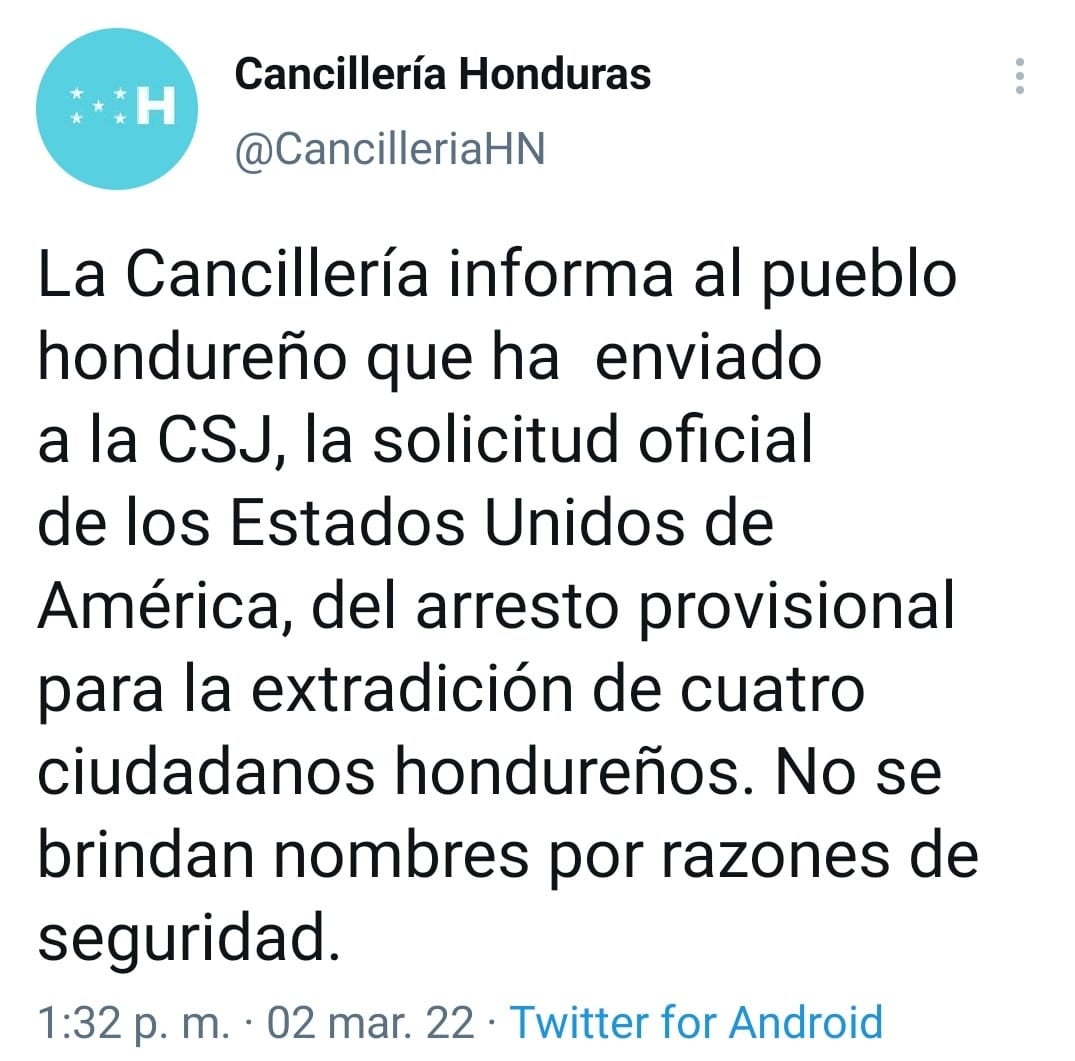 Mensaje de la Cancillería hondureña sobre la solicitud de extradición de cuatro hondureños.