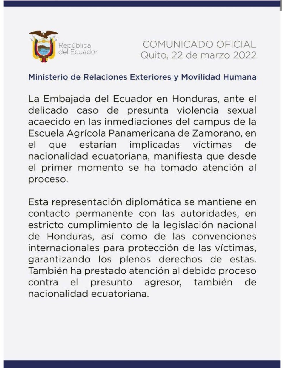 Comunicado de embajada de Ecuador