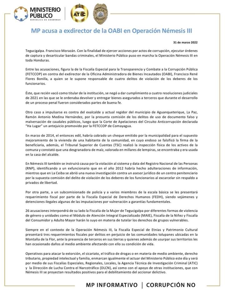 Comunicado del MP sobre la Operación Némesis III.