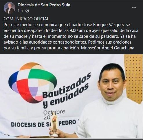 Comunicado publicado en redes sociales de la diócesis de San Pedro Sula.