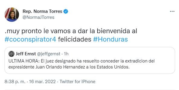 Norma Torres reacciona extradición JOH