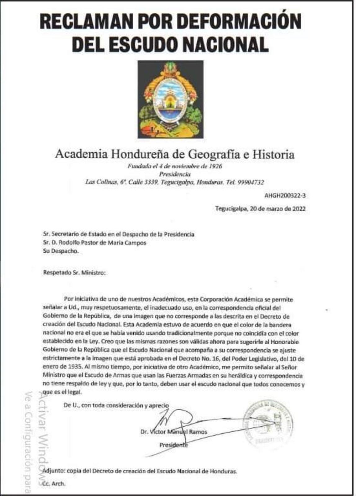 Comunicado emitido por la Academia Hondureña de Geógrafos e Historiadores.