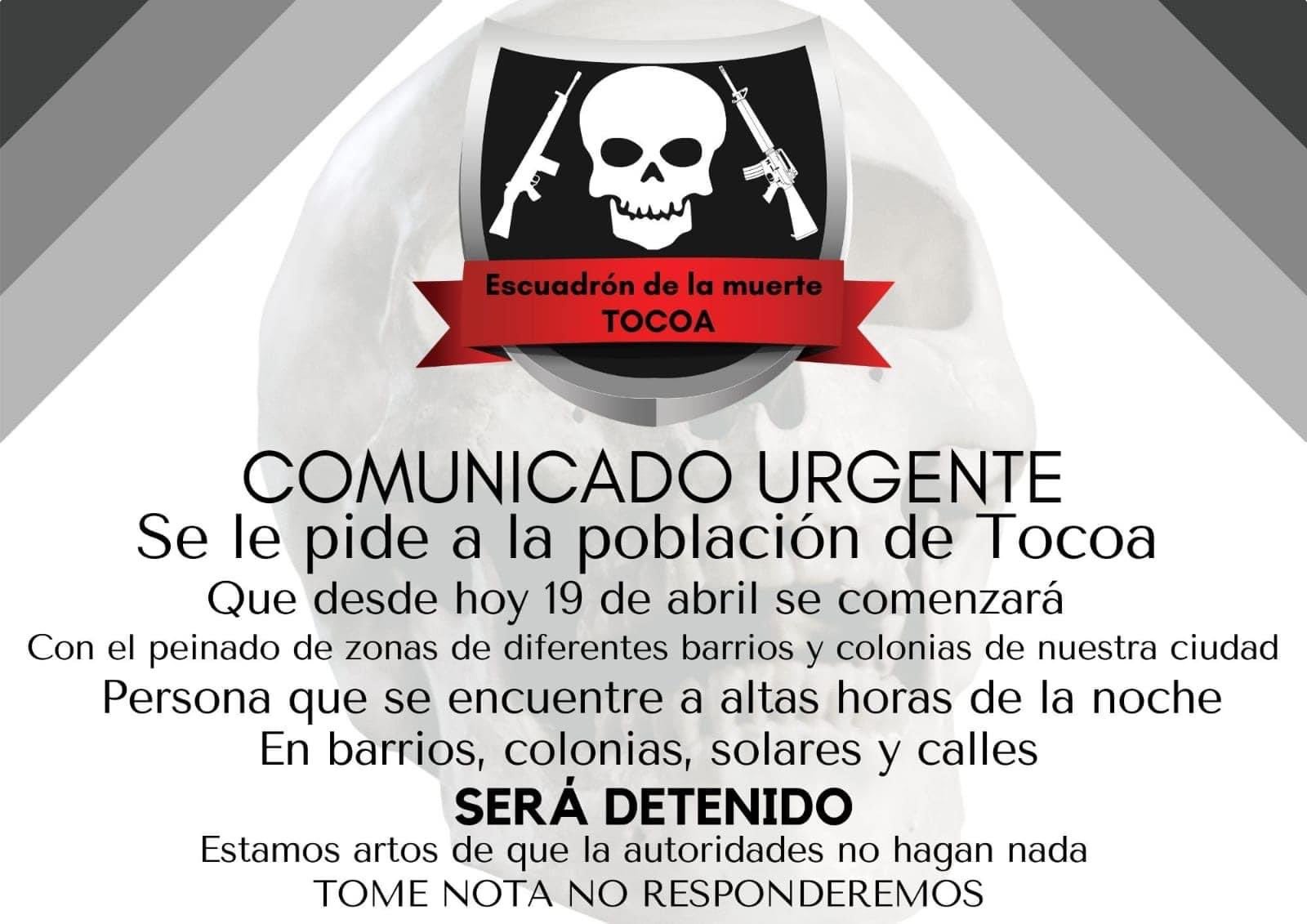 Comunicado del supuesto Escuadrón de la Muerte en Tocoa.
