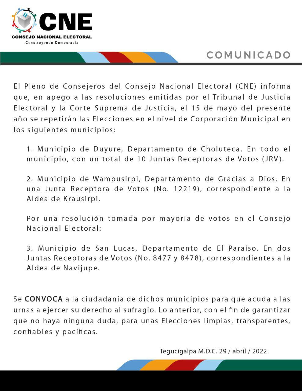 El CNE anunció la repetición de elecciones en 3 municipios. 