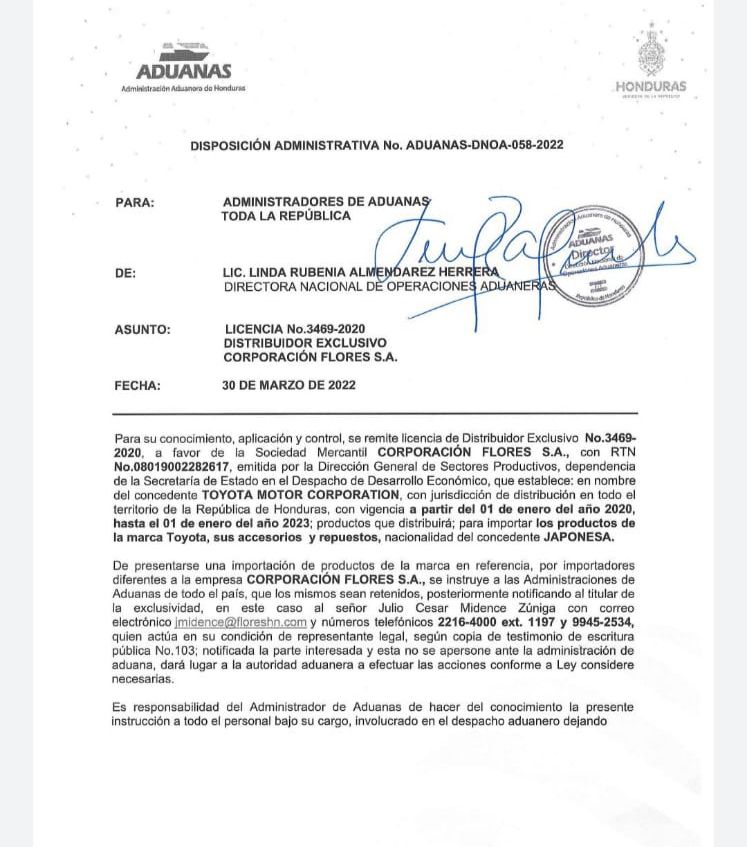 Disposición de la administración de las aduanas de Honduras sobre la exclusividad de la importación de repuestos. 