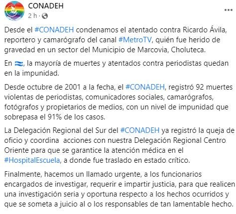 CONADEH condenó el ataque del comunicador social.