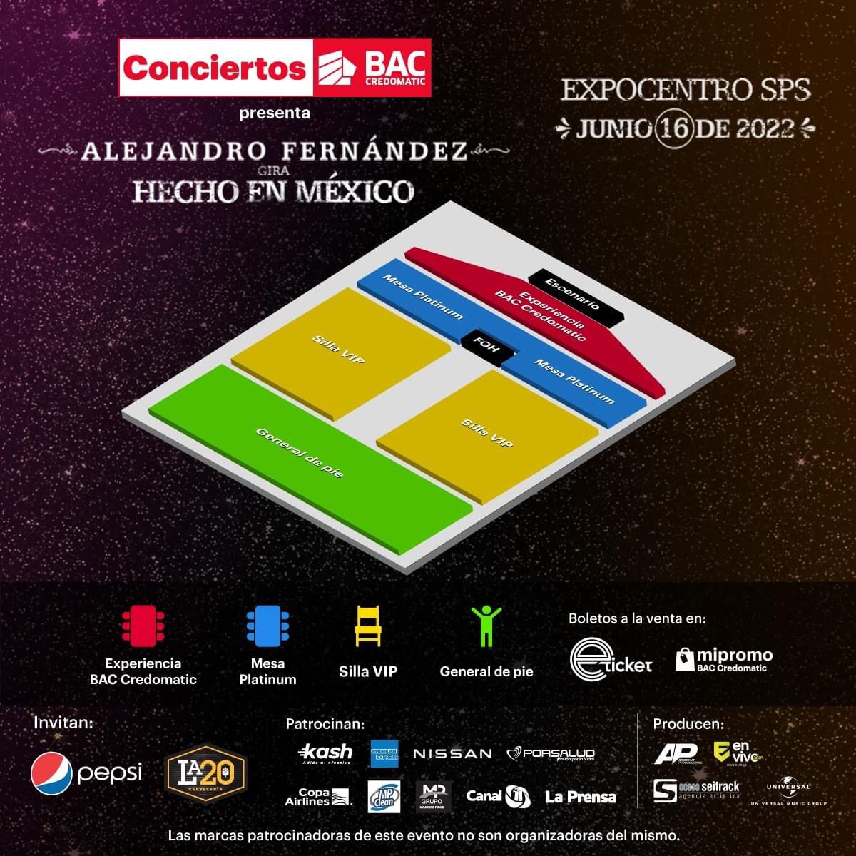Localidades para concierto de Alejandro Fernández en Honduras. 