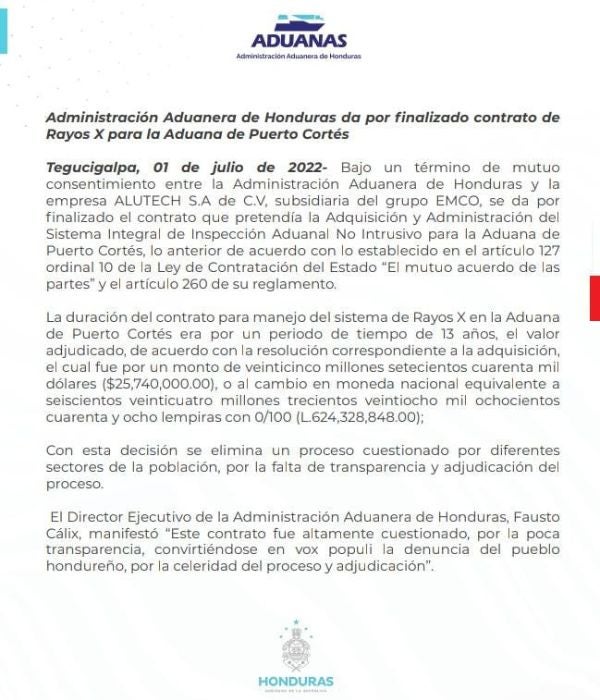 Aduanas finaliza contrato de Rayos X