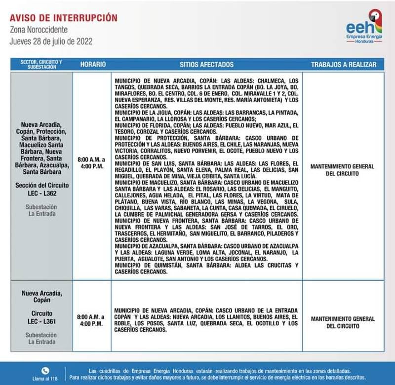 cortes de energía este jueves 28 de julio