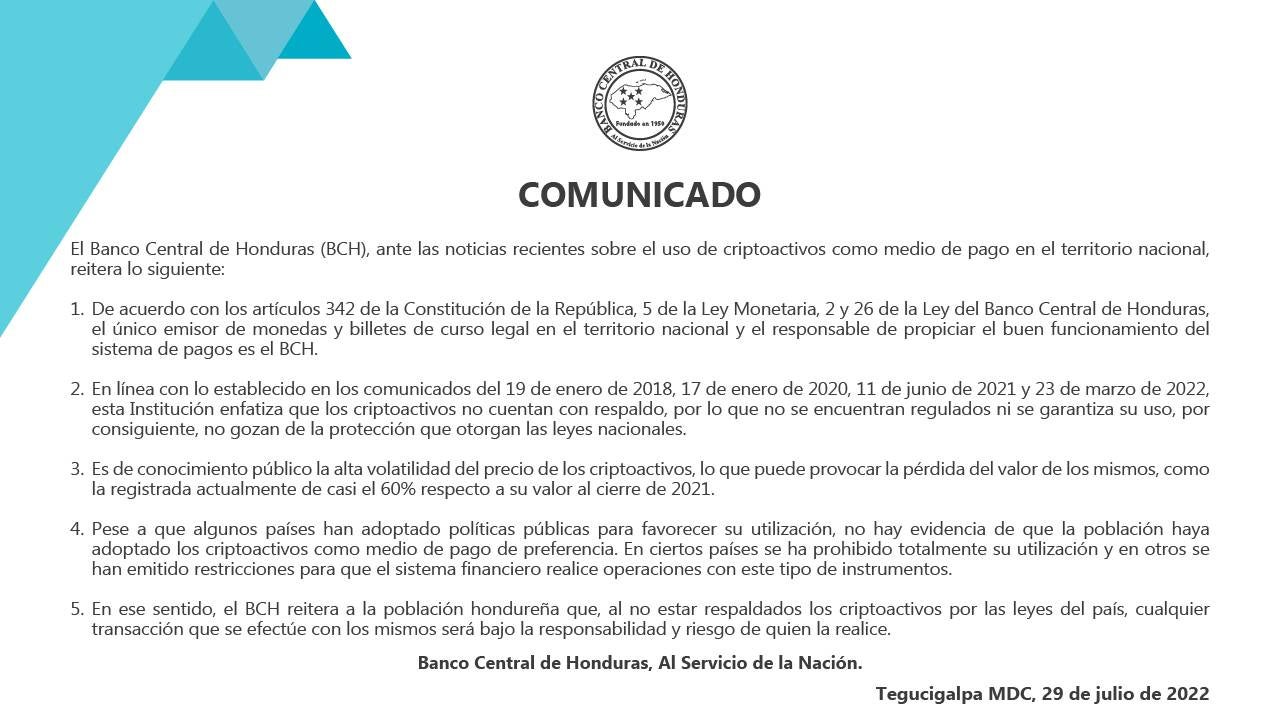 BCH reitera rechazo criptomonedas en Honduras
