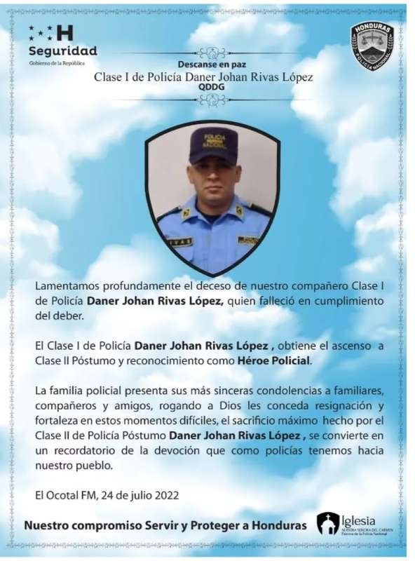Nota de duelo por parte de la Policía Nacional de Honduras (PN).