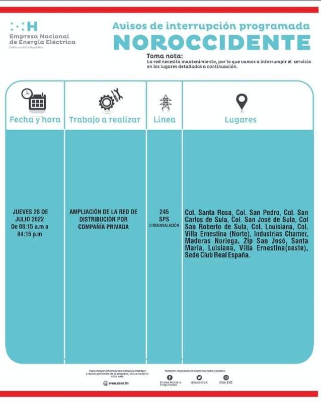 cortes de energía este jueves 28 de julio