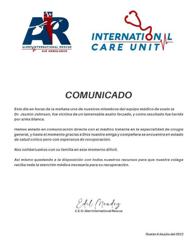 Comunicado de Alert International Rescue Air Ambulance.