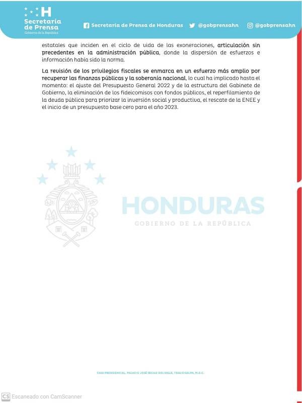 Segunda parte del comunicado del gobierno de Honduras.