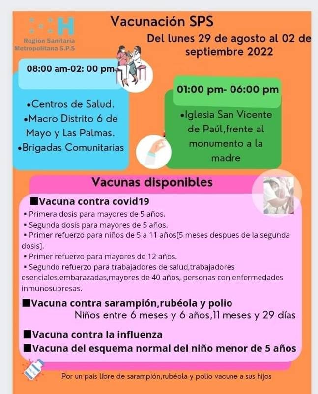 Calendario de la jornada de vacunación en SPS.