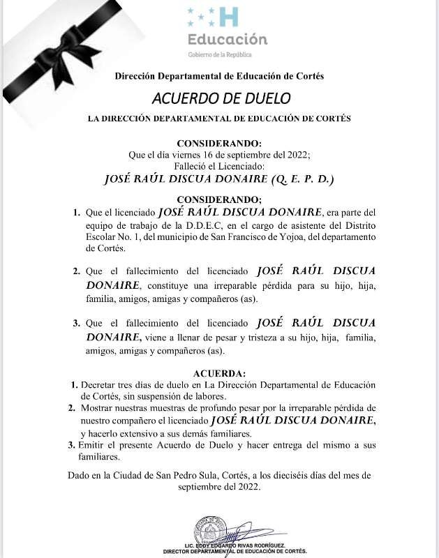 Nota de la Dirección de Educación de Cortés.