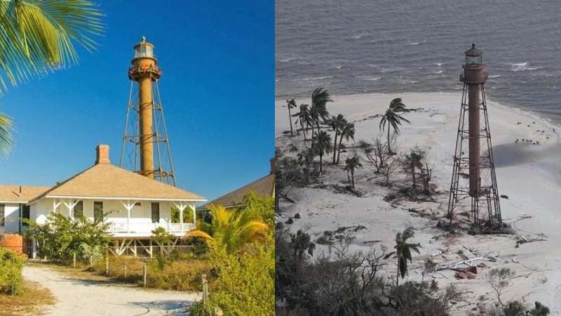 Faro Sanibel antes y después del huracán Ian.